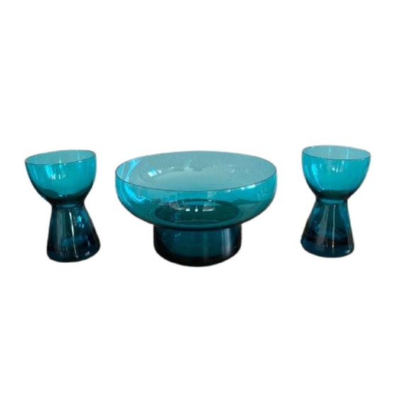 Morgantown Glass Other - Mid Century Peacock Blue Glass Console Bowl and Taper Candle Holders Set, 1960s